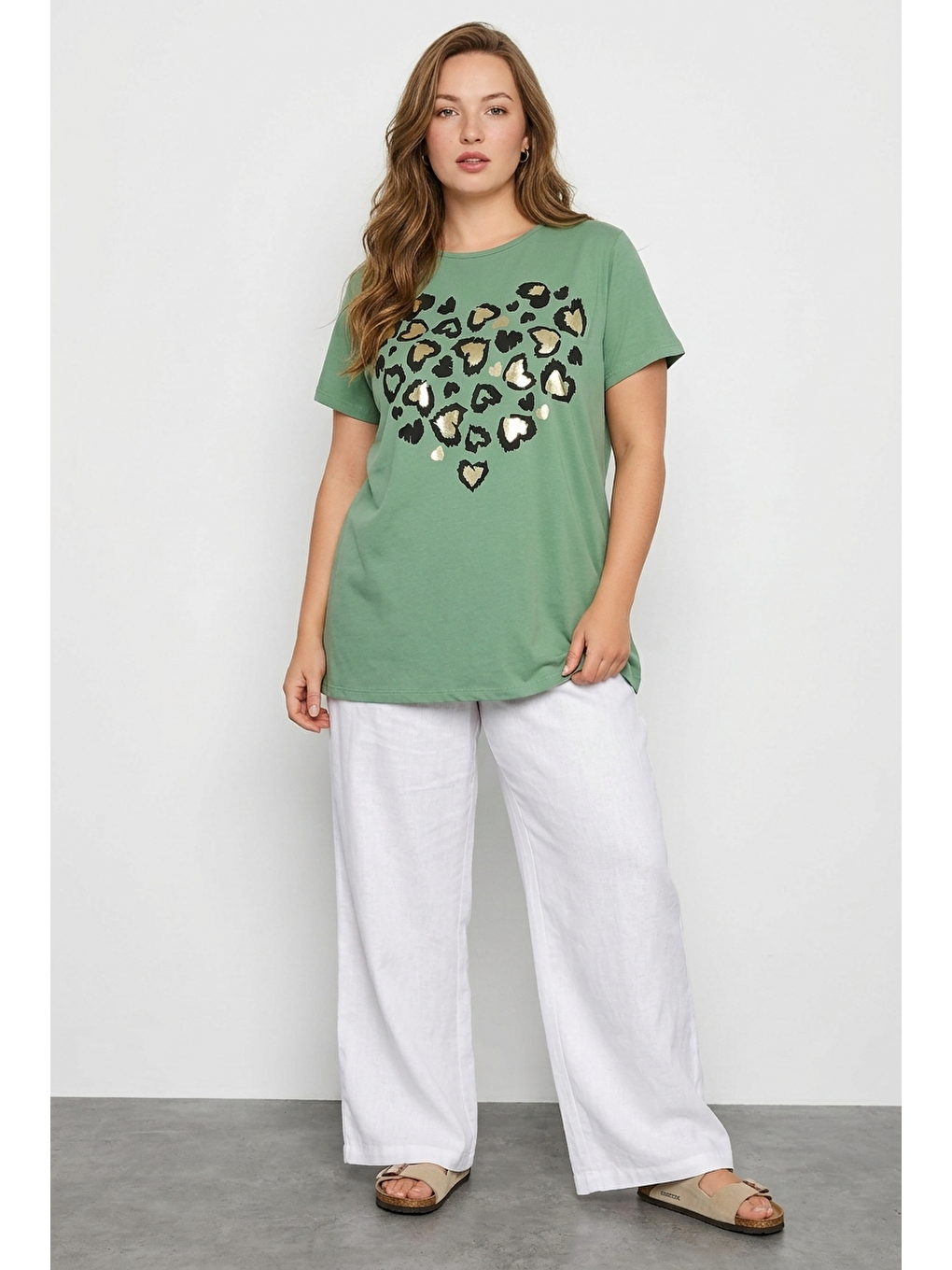 Yeşil Bisiklet Yaka Kısa Kollu Parlak Baskılı Esnek Kumaşlı T-shirt-1
