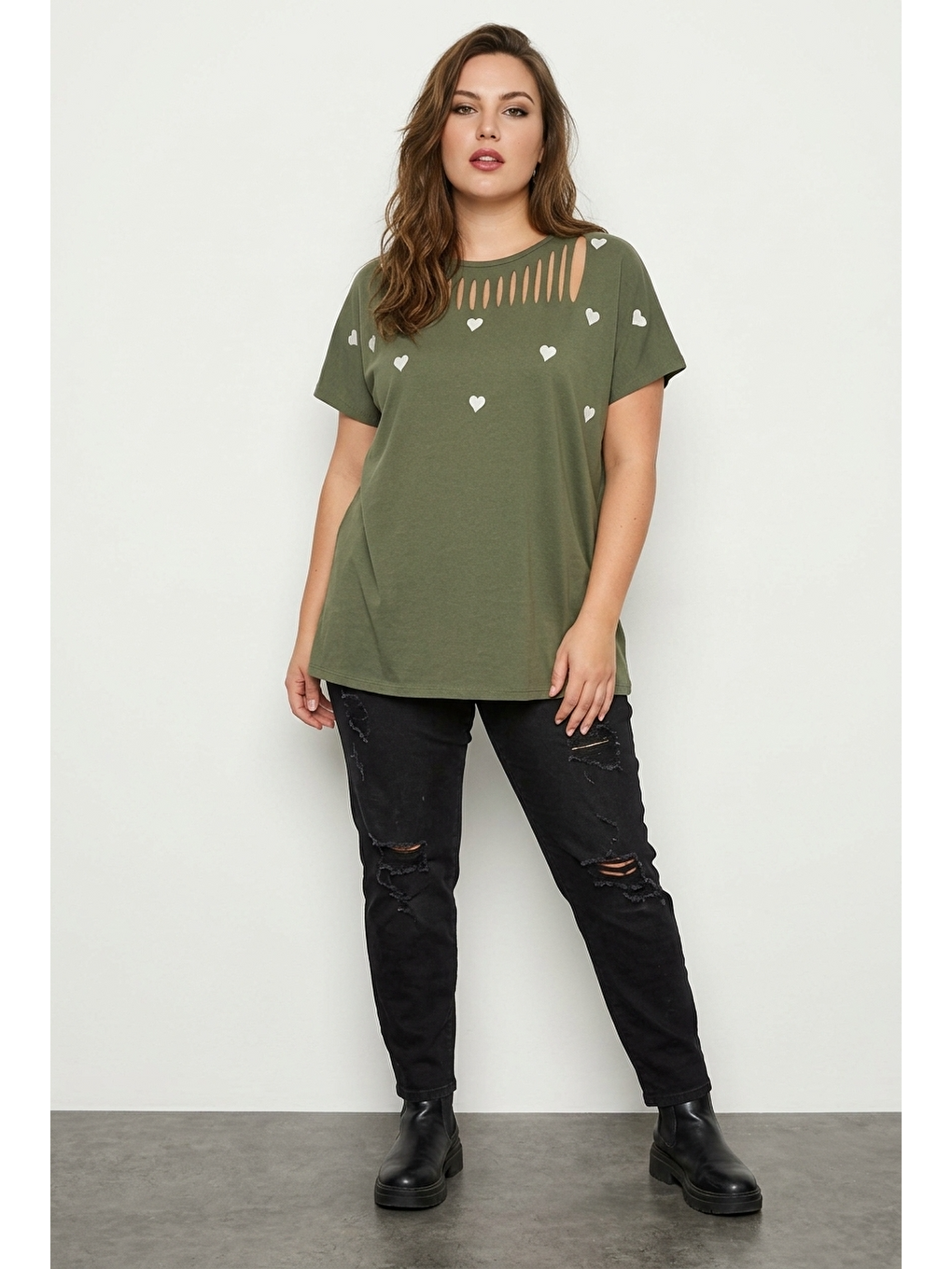 Yeşil Bisiklet Yaka Kısa Kollu Kesik Detaylı Esnek Kumaşlı T-shirt-1