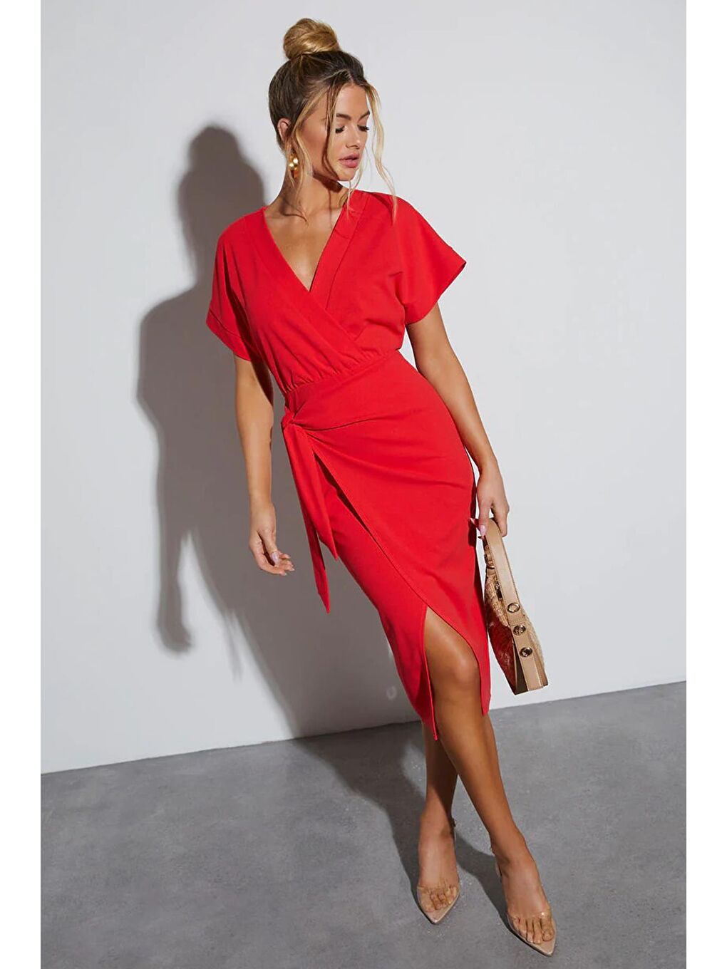 Kadın Kruvaze Yaka Kırmızı Midi Elbise Mg2036-5