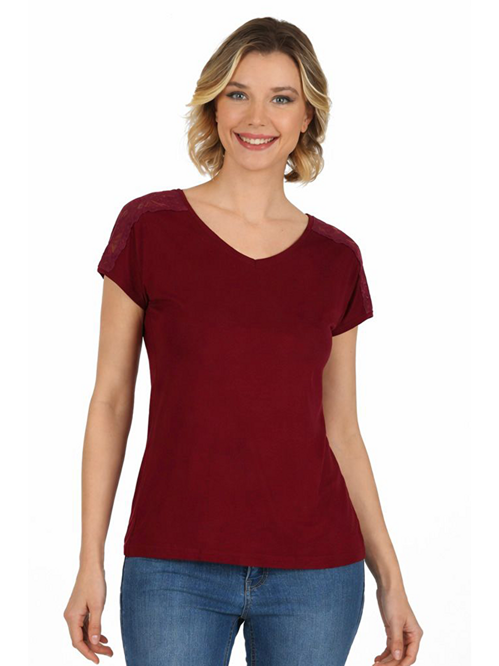 Kadın Omuz Dantel Detaylı Örme Bluz | Bordo 25465