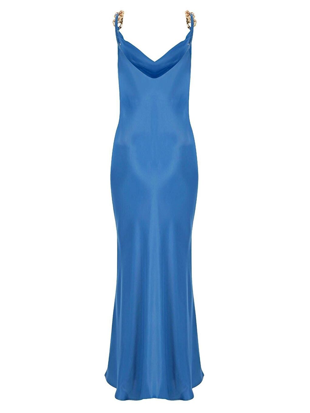 Mavi Zincir Detaylı Ayarlanabilir Askılı V Yaka Saten Abiye Elbise? ?-1