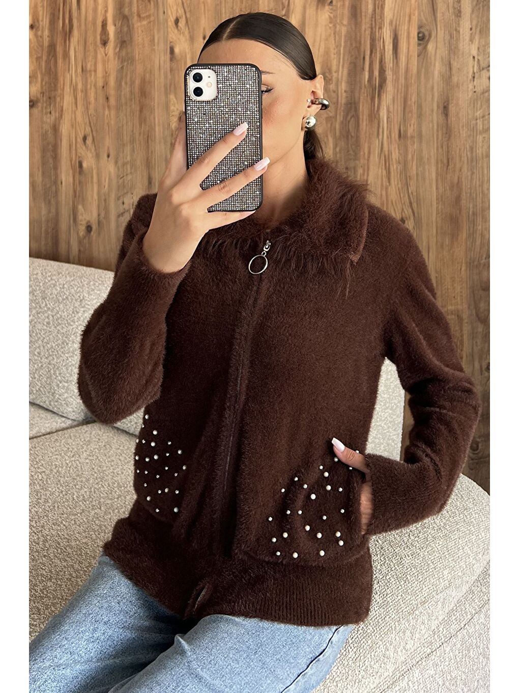 Kahverengi Cep Boncuklu Şardonlu Triko Ceket (s,m,l,xl Uyumludur)