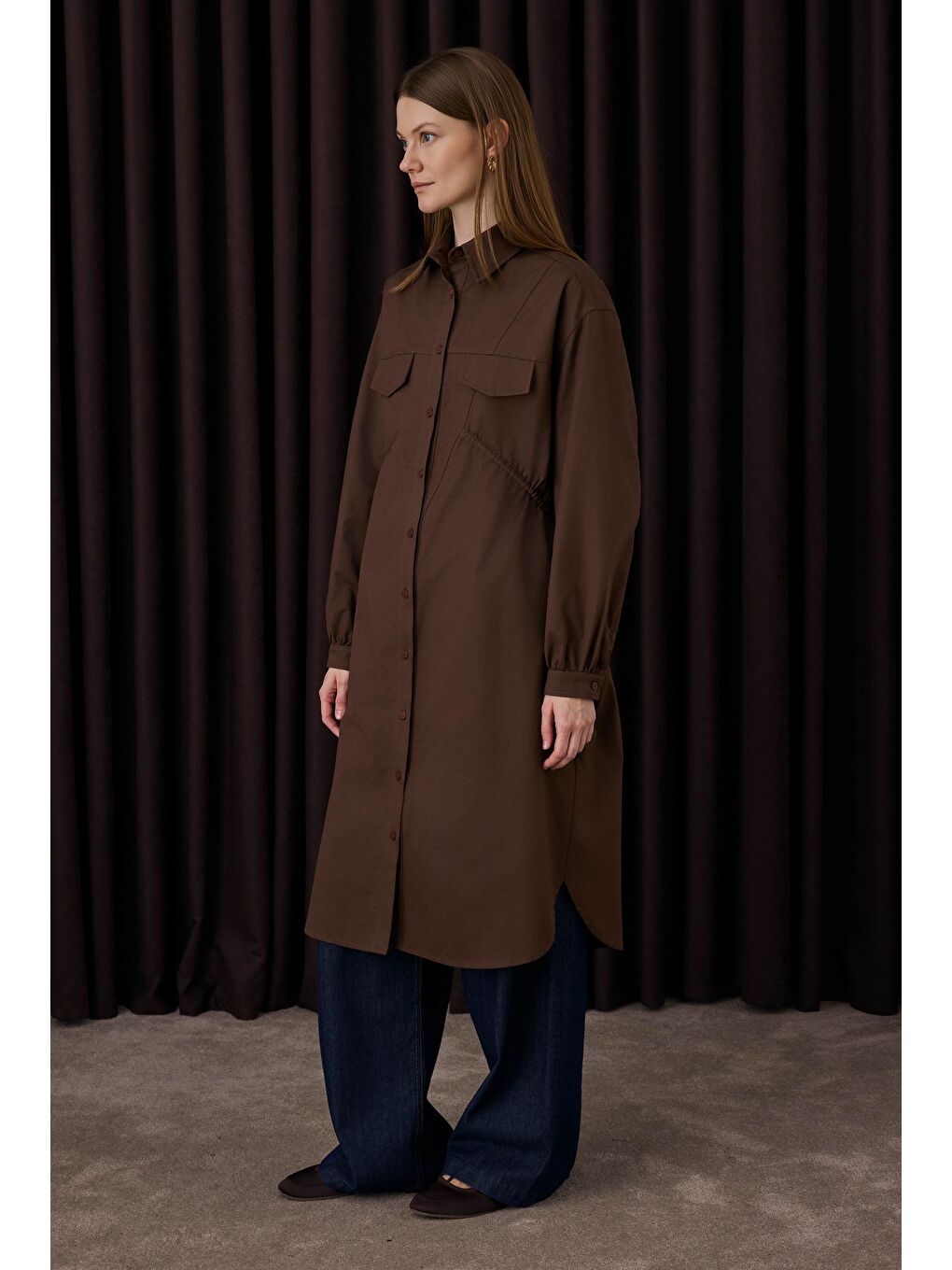 Kahverengi Uzun Büzgü Detaylı Gömlek Acı Kahve-2