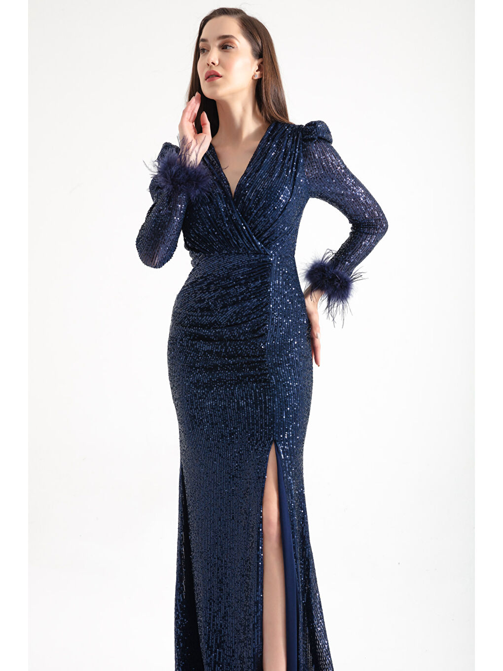 Kadın Lacivert Kruvaze Yaka Payetli Uzun Abiye Elbise-1