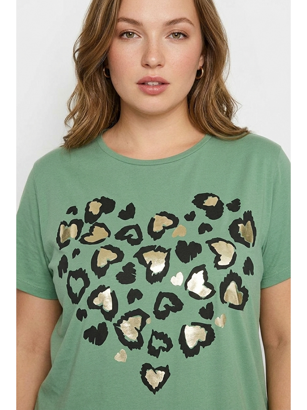 Yeşil Bisiklet Yaka Kısa Kollu Parlak Baskılı Esnek Kumaşlı T-shirt-3