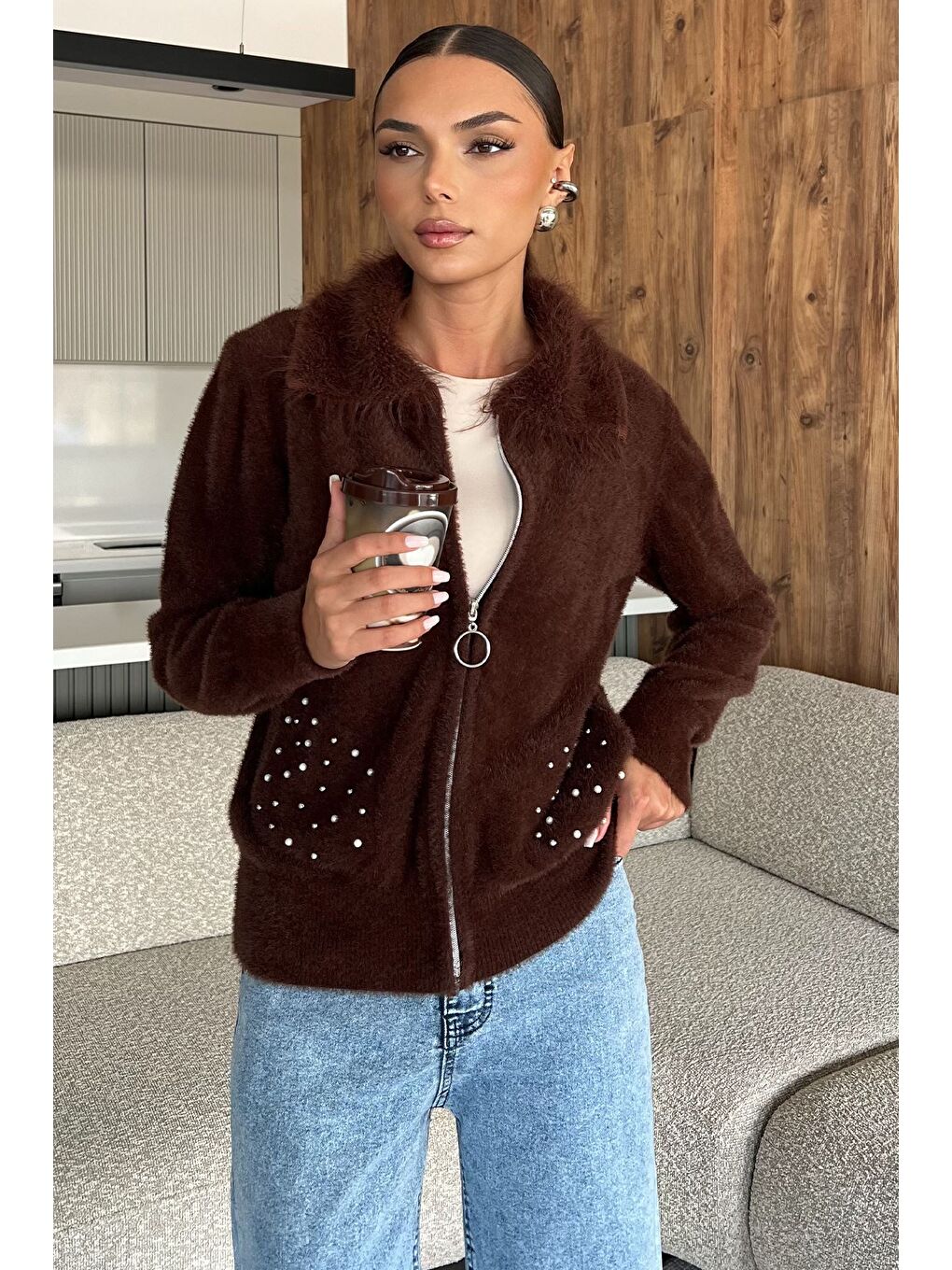 Kahverengi Cep Boncuklu Şardonlu Triko Ceket (s,m,l,xl Uyumludur)-1