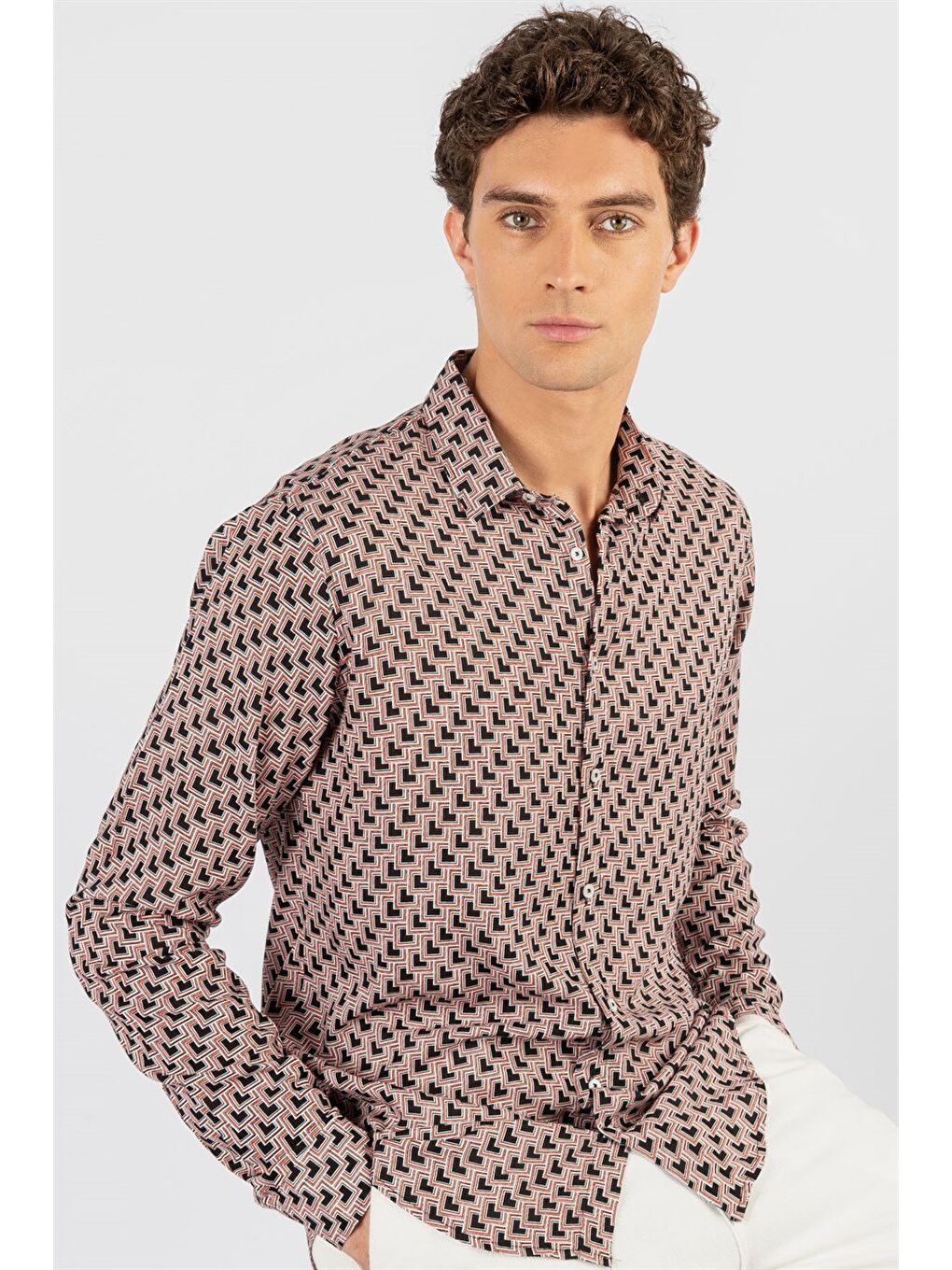 Karışık Slim Fit Uzun Kollu Yazlık Baskılı Vıskon Erkek Gömlek
