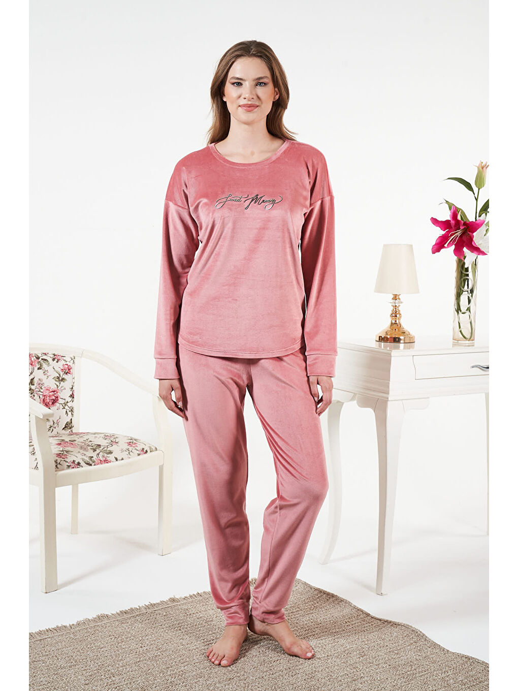 Pembe Kadın Kadife Pijama Takımı 25386 Pudra-1