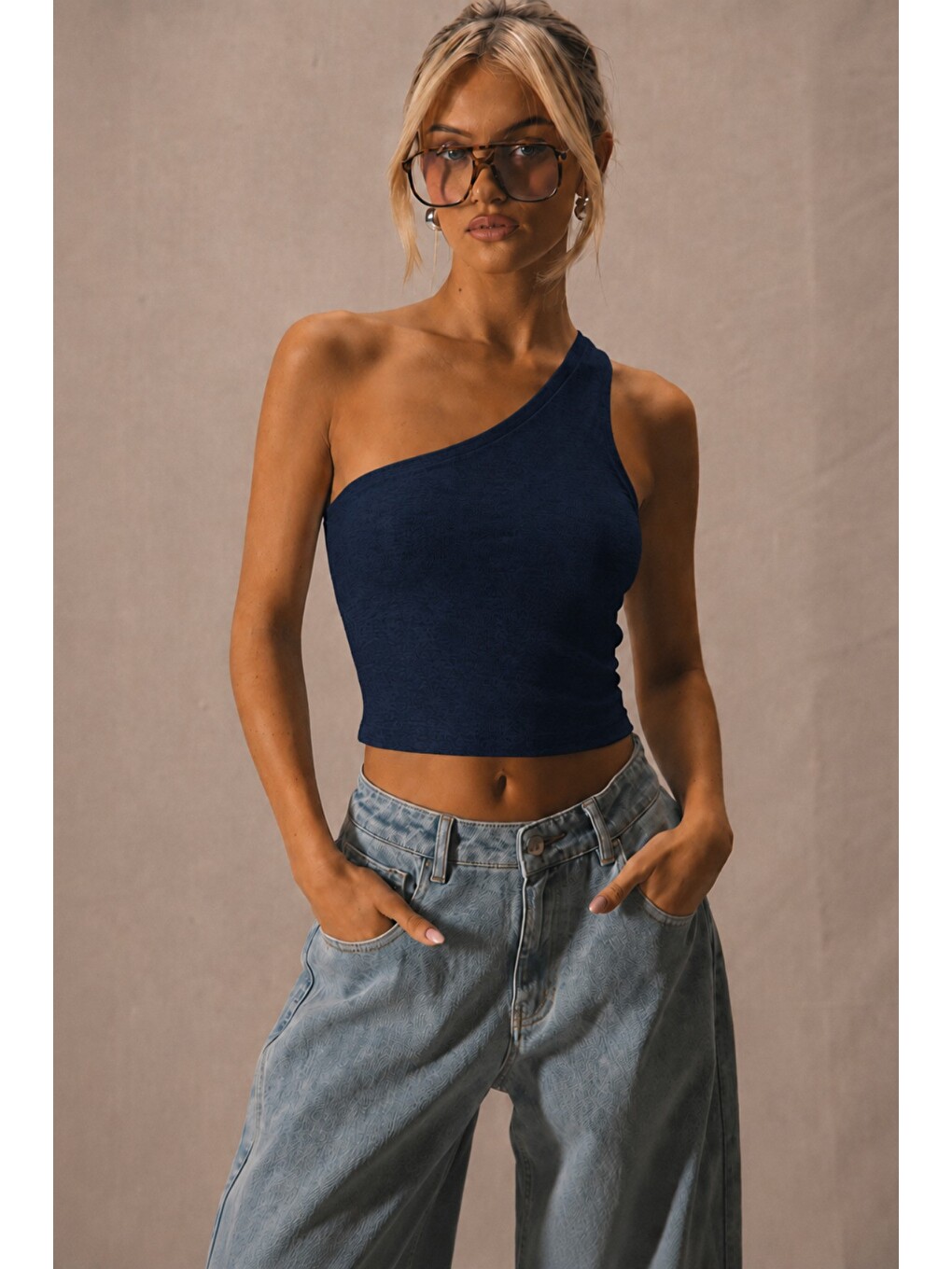 Lacivert Kadın Tek Omuz Crop Atlet Esnek Slim Fit Süprem Kumaş Asimetrik Yaka Bluz