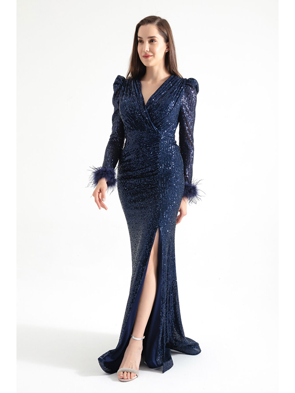 Kadın Lacivert Kruvaze Yaka Payetli Uzun Abiye Elbise-2