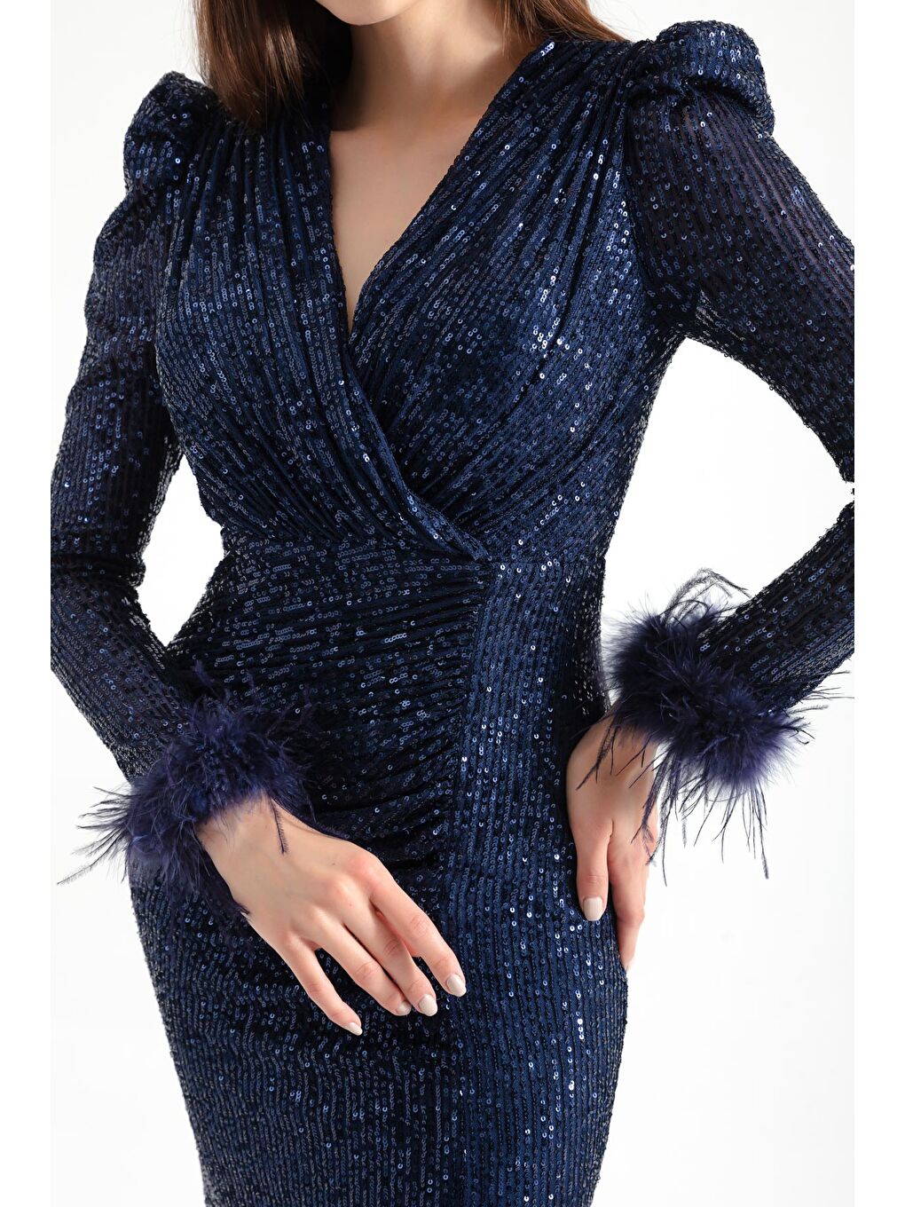 Kadın Lacivert Kruvaze Yaka Payetli Uzun Abiye Elbise-3