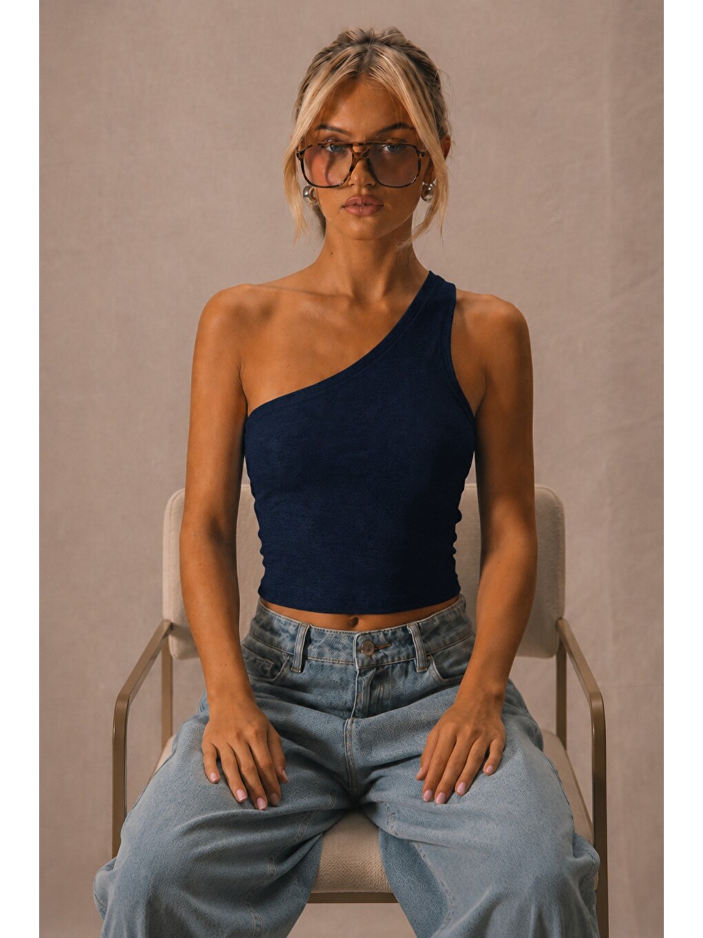 Lacivert Kadın Tek Omuz Crop Atlet Esnek Slim Fit Süprem Kumaş Asimetrik Yaka Bluz-1