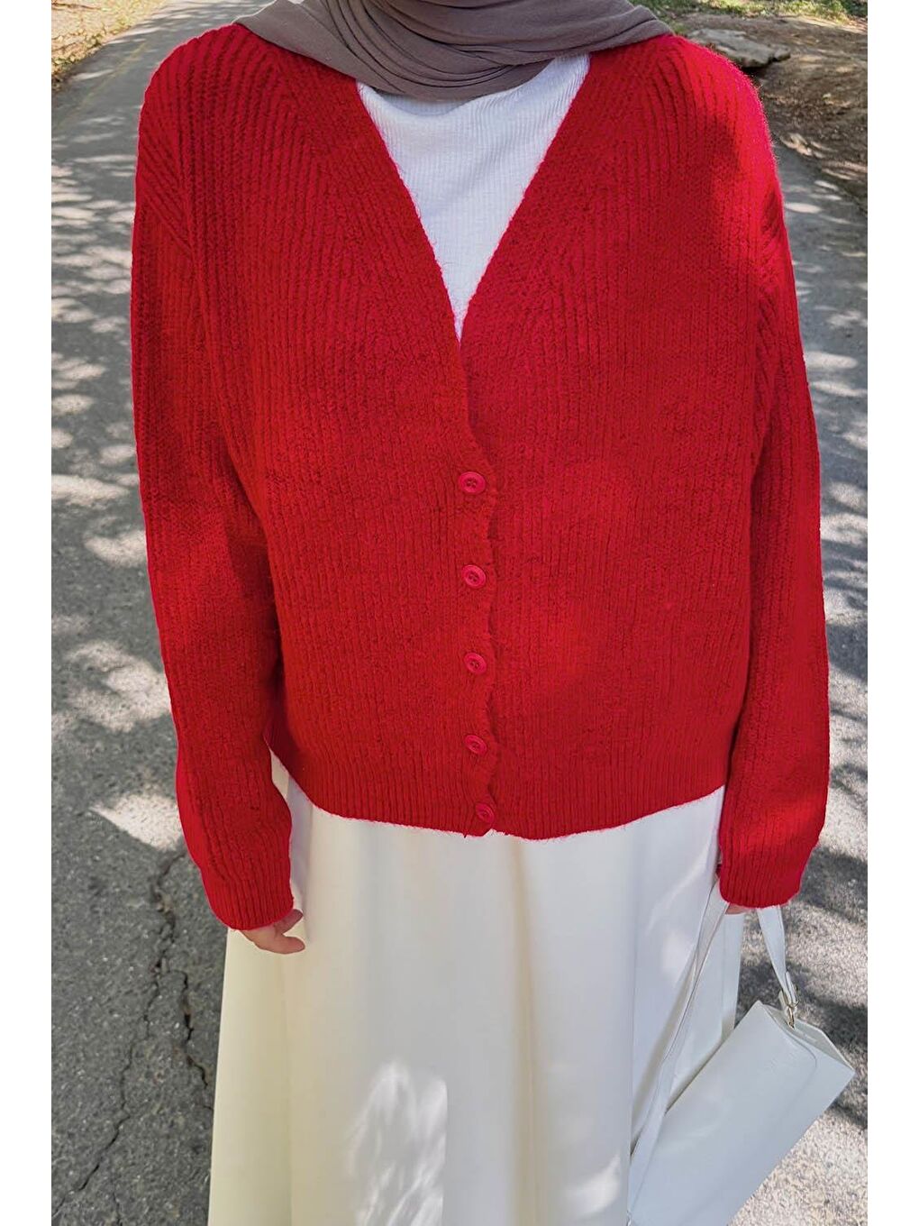 Kırmızı Crop V Yaka Hırka Nar Çiçeği-2