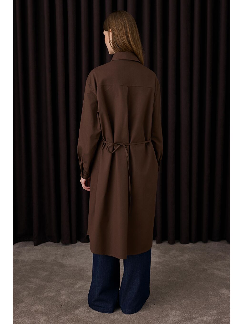 Kahverengi Uzun Büzgü Detaylı Gömlek Acı Kahve-3