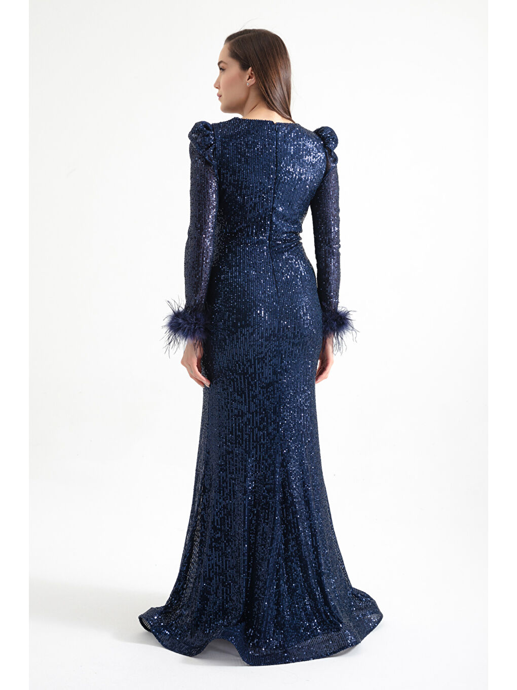Kadın Lacivert Kruvaze Yaka Payetli Uzun Abiye Elbise-4
