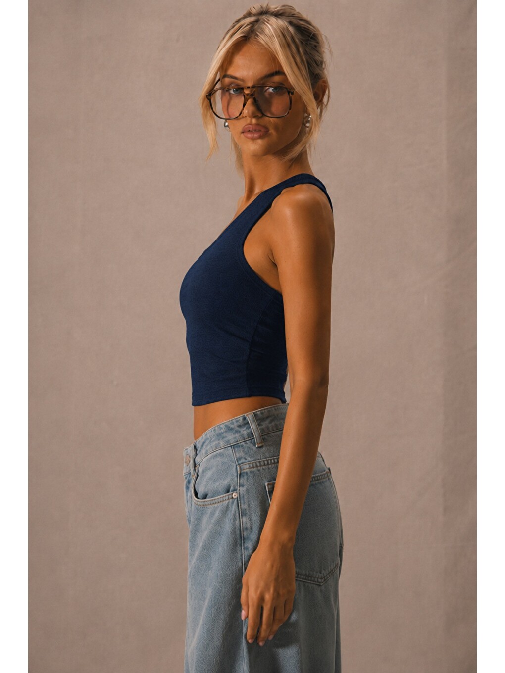 Lacivert Kadın Tek Omuz Crop Atlet Esnek Slim Fit Süprem Kumaş Asimetrik Yaka Bluz-2