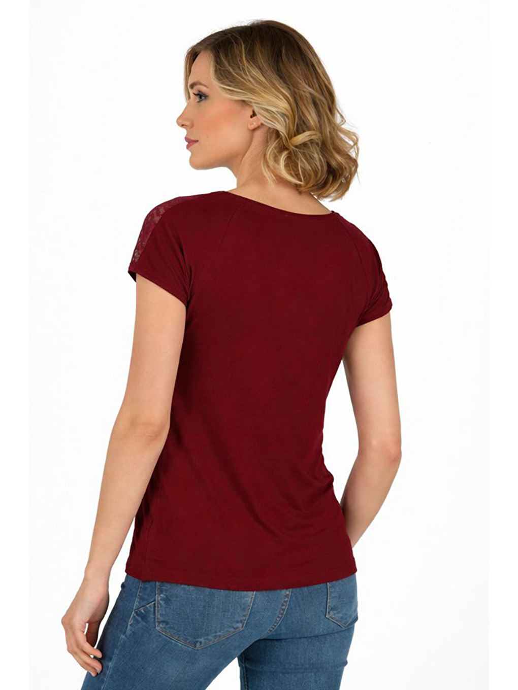 Kadın Omuz Dantel Detaylı Örme Bluz | Bordo 25465-2