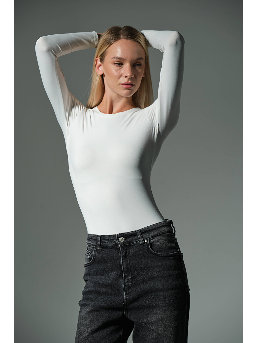 Beyaz Örme Soft Premium Touch Bisiklet Yaka Uzun Kol Çıtçıtlı Bluz Body @Baltimore-1