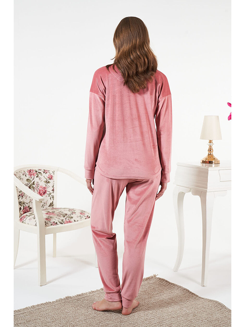 Pembe Kadın Kadife Pijama Takımı 25386 Pudra-2