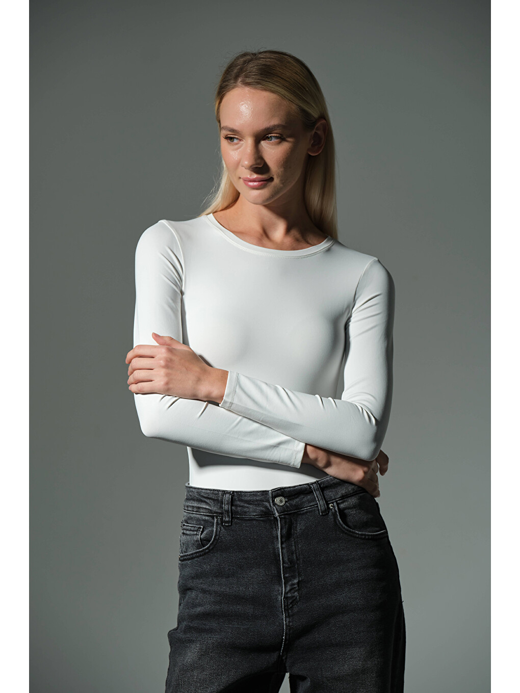 Beyaz Örme Soft Premium Touch Bisiklet Yaka Uzun Kol Çıtçıtlı Bluz Body @Baltimore-2
