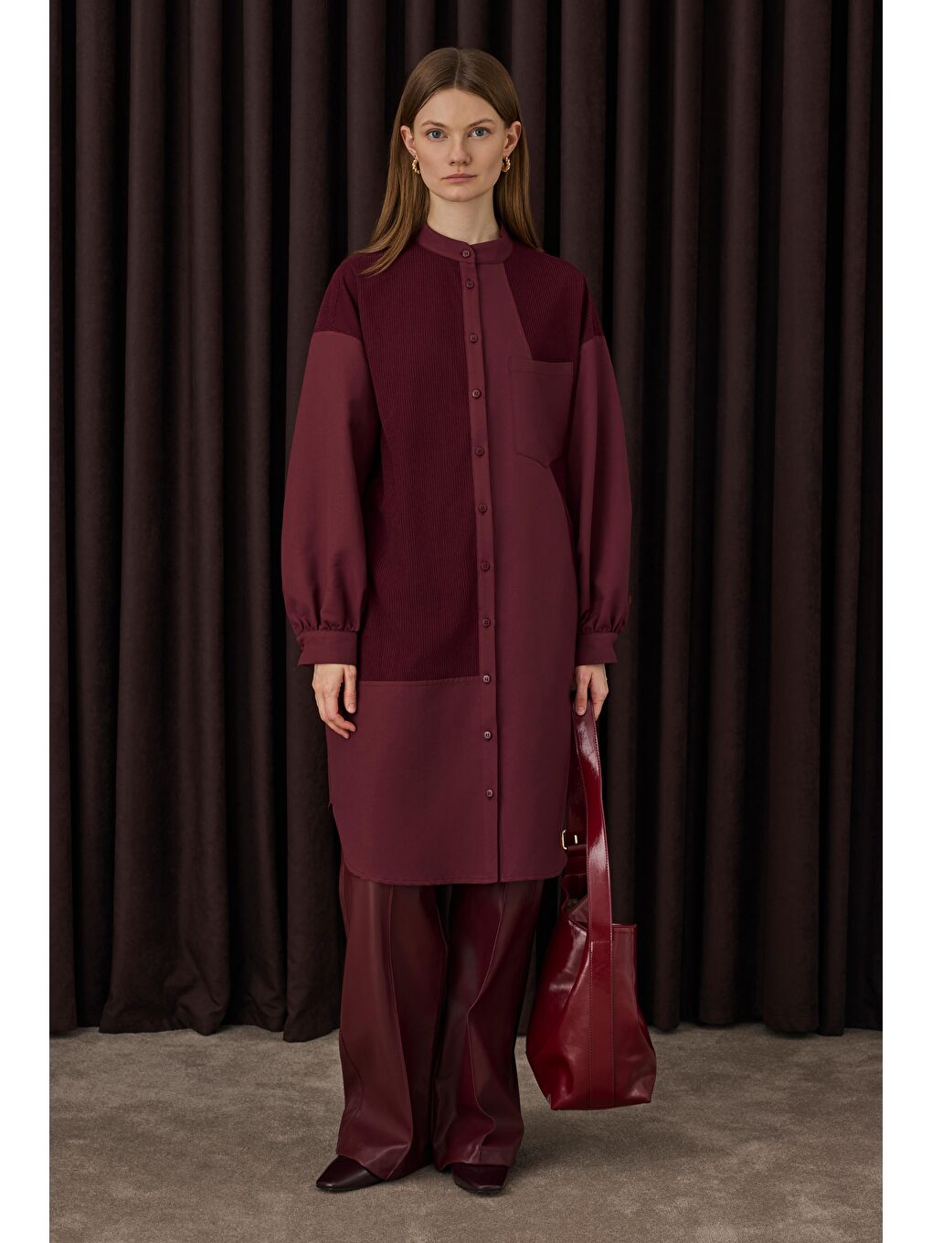 Kadife Garnili Gömlek Bordo