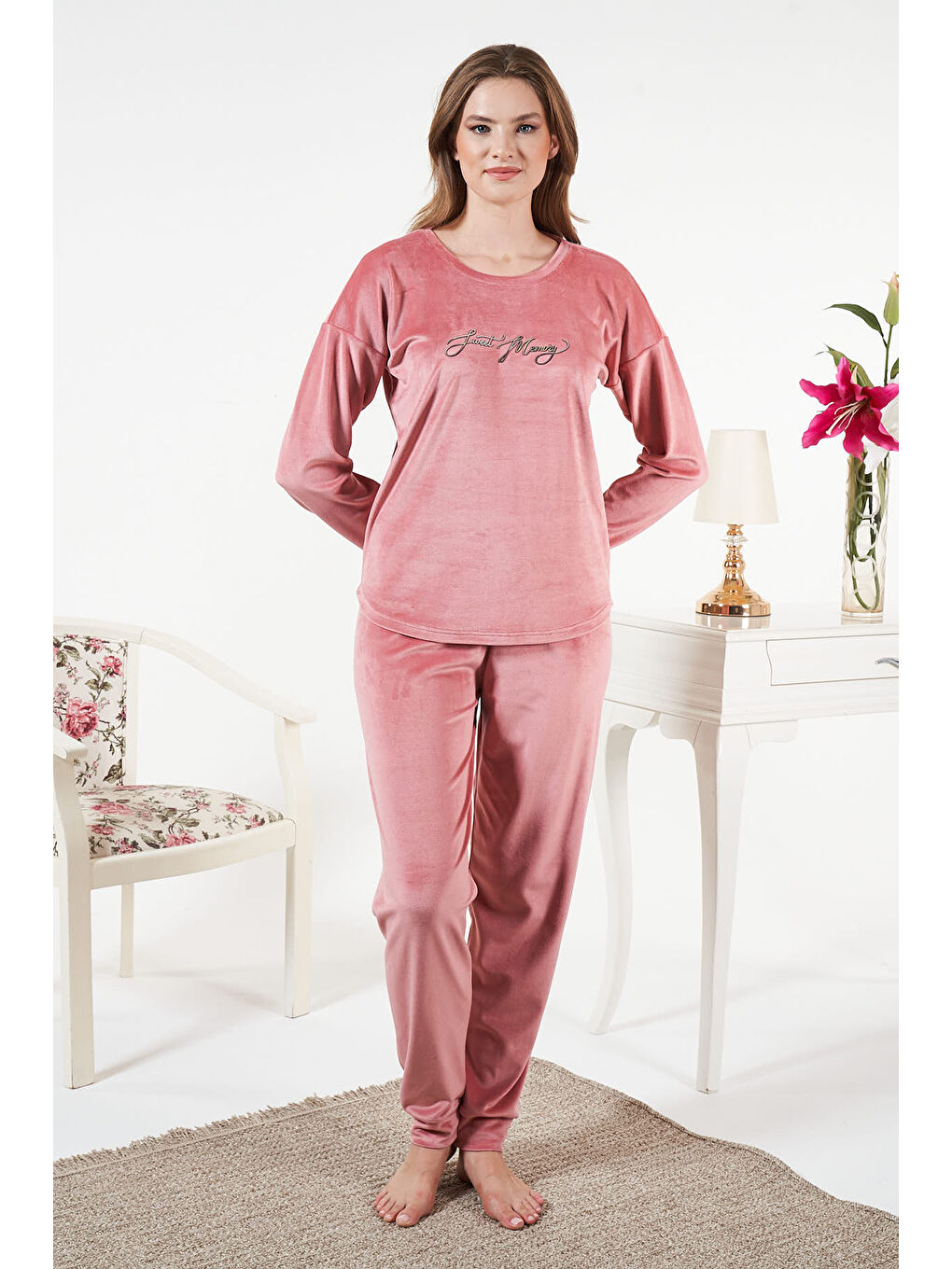 Pembe Kadın Kadife Pijama Takımı 25386 Pudra-3