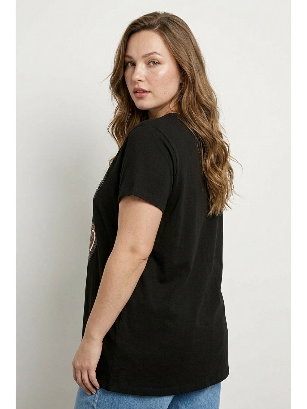 Siyah Bisiklet Yaka Kısa Kollu Baskılı Esnek Kumaşlı T-shirt-3