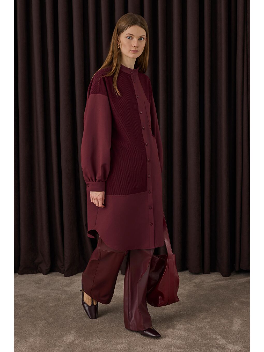 Kadife Garnili Gömlek Bordo-1