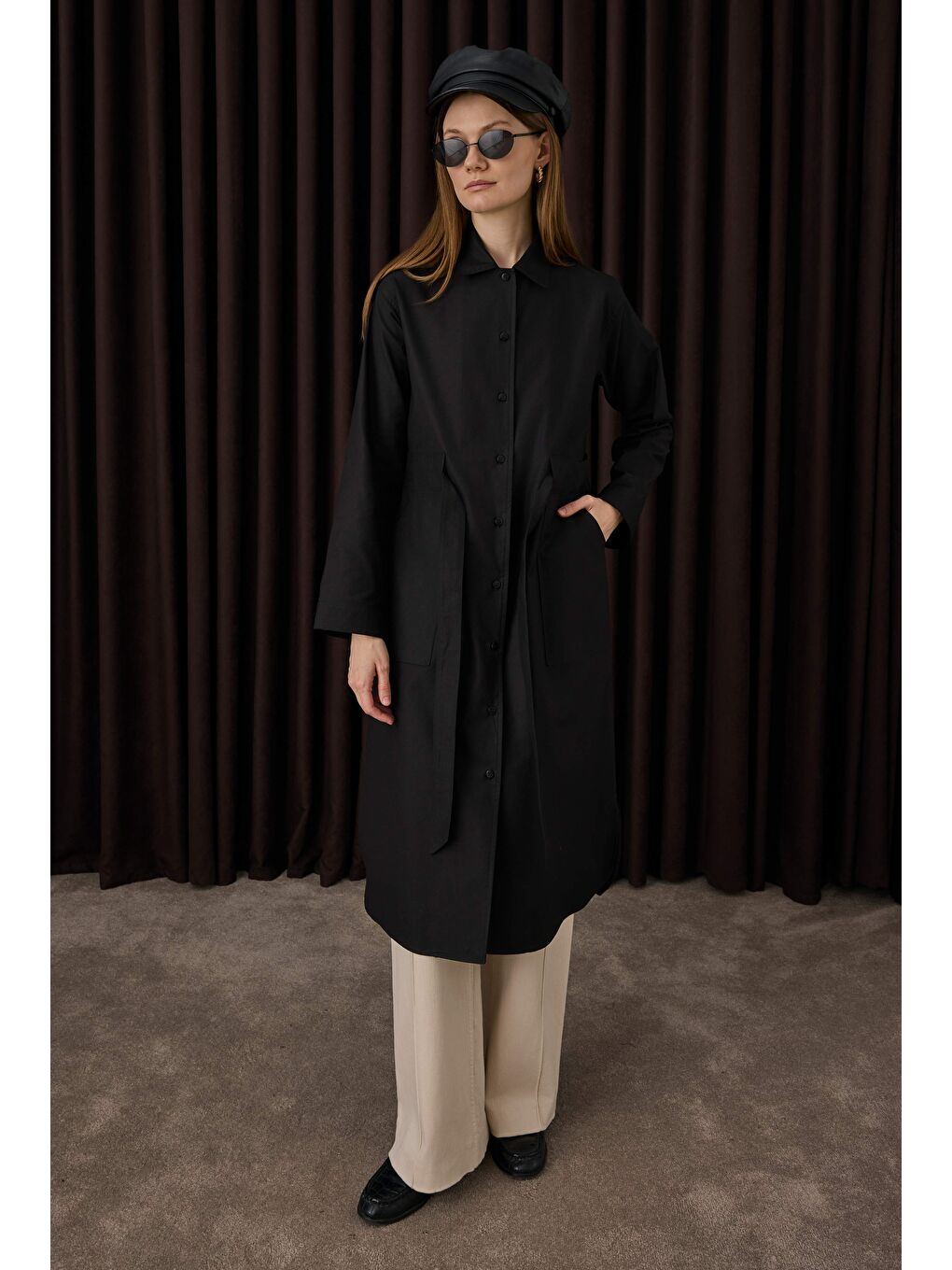 Kemer Detaylı Uzun Gömlek Siyah