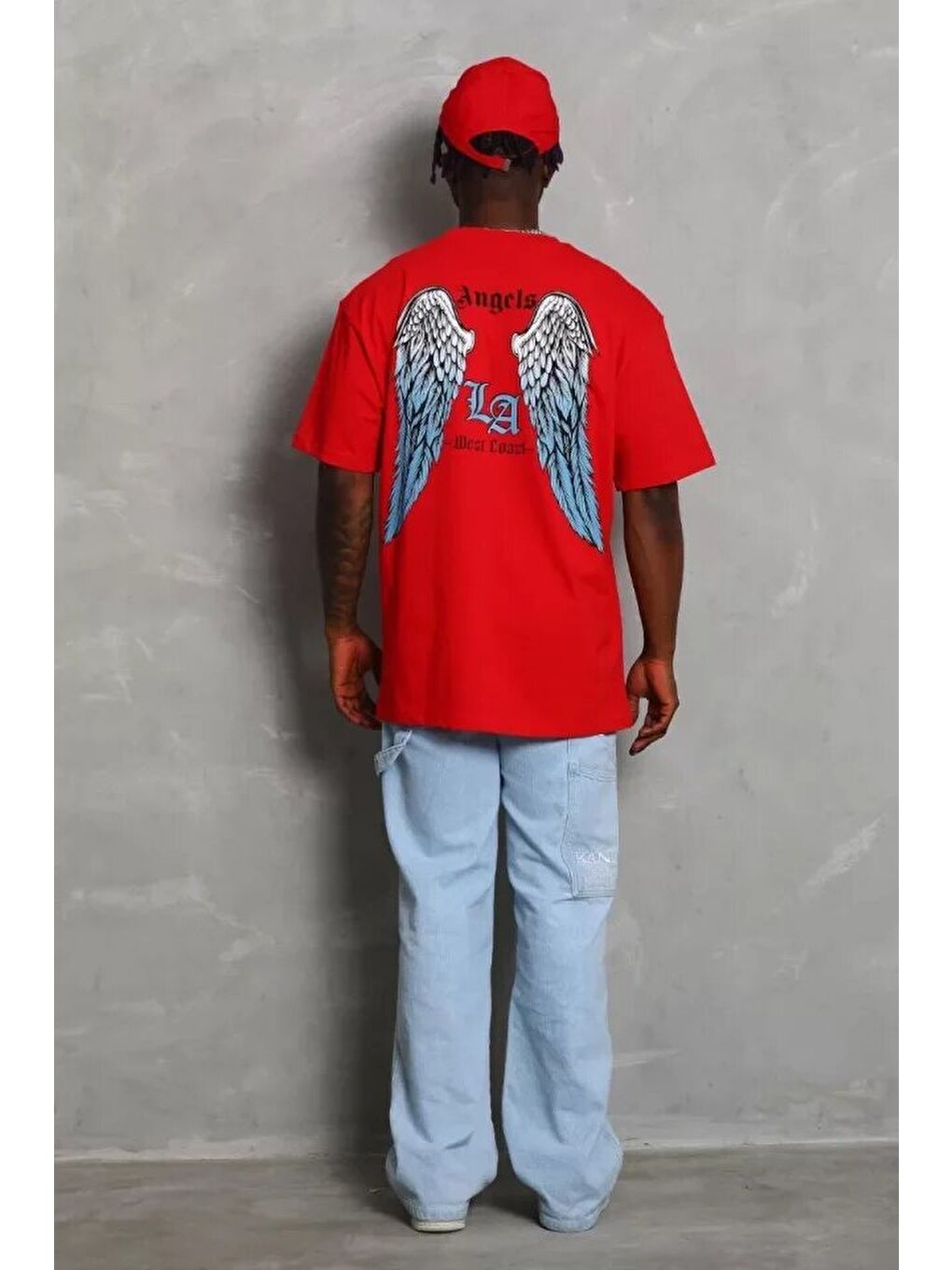 Unisex Oversize Baskılı Bisiklet Yaka T-Shirt - Kırmızı-1