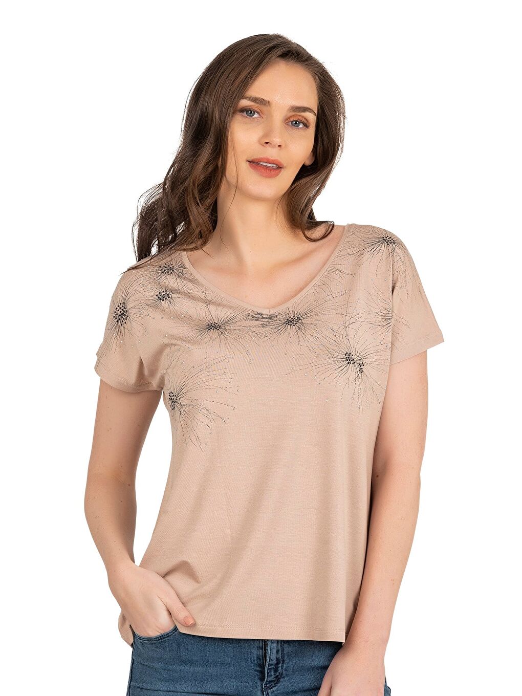 Bej Kadın Işıltı Taş Detaylı Desenli Viskon Bluz | Taş 25501