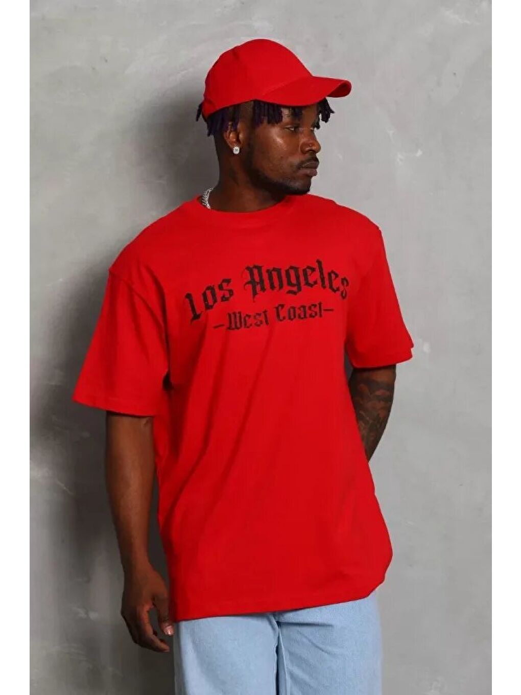 Unisex Oversize Baskılı Bisiklet Yaka T-Shirt - Kırmızı-3