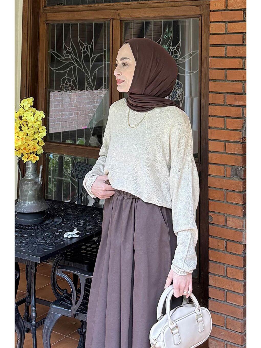 Kayık Yaka Triko Kazak Bej-1