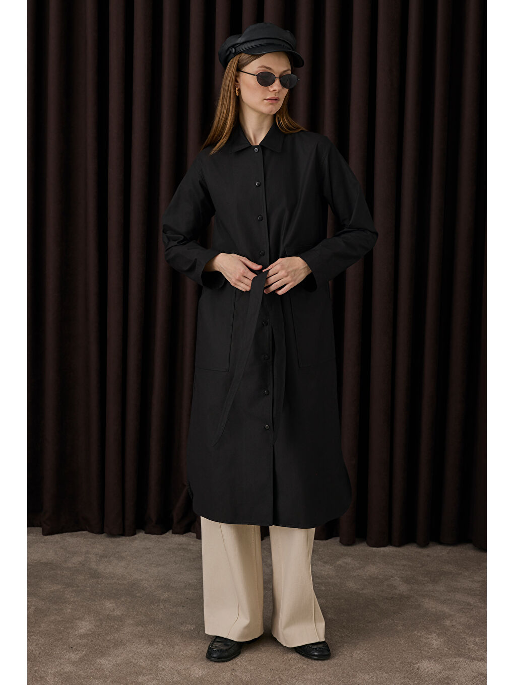 Kemer Detaylı Uzun Gömlek Siyah-1