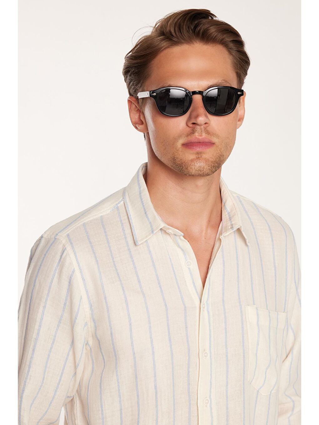 Karışık Regular Fit Keten Görünüm Pamuklu Çizgili Dökümlü Rahat Cepli Spor Gömlek-1