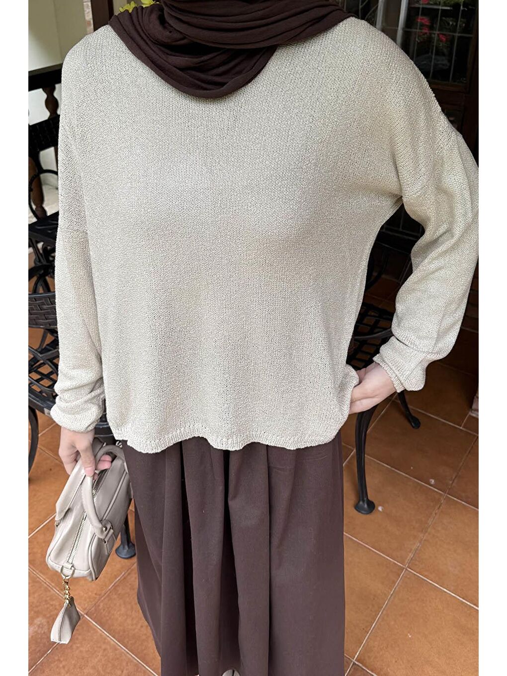 Kayık Yaka Triko Kazak Bej-2