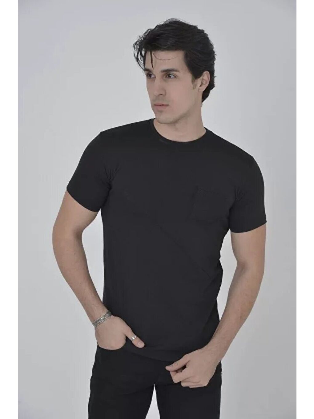 Erkek File Cepli Slim Fit T-shirt - Siyah