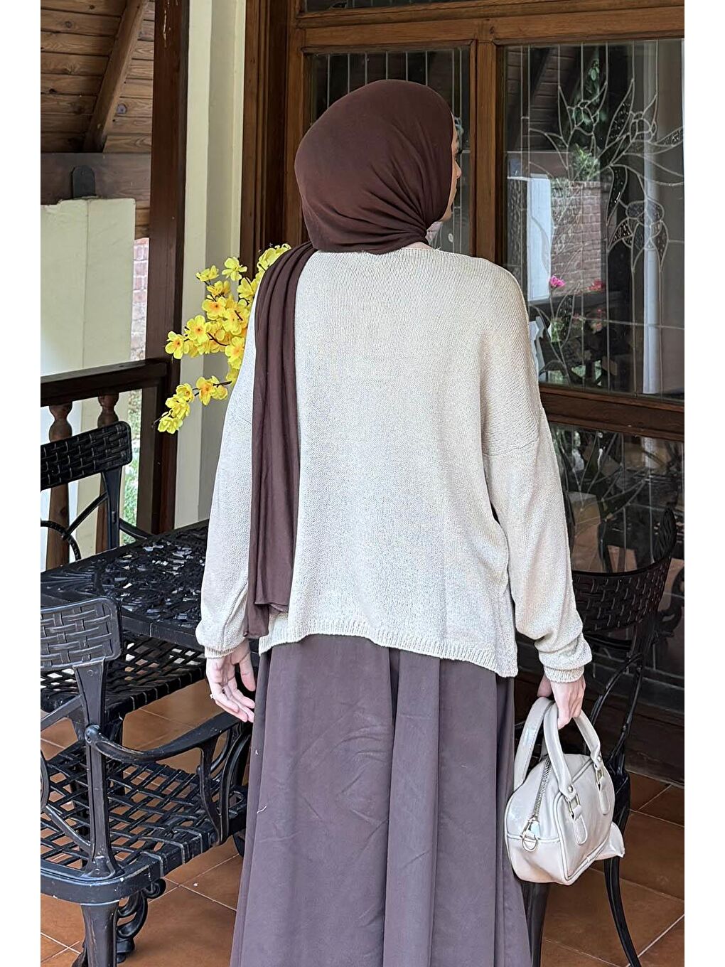 Kayık Yaka Triko Kazak Bej-3