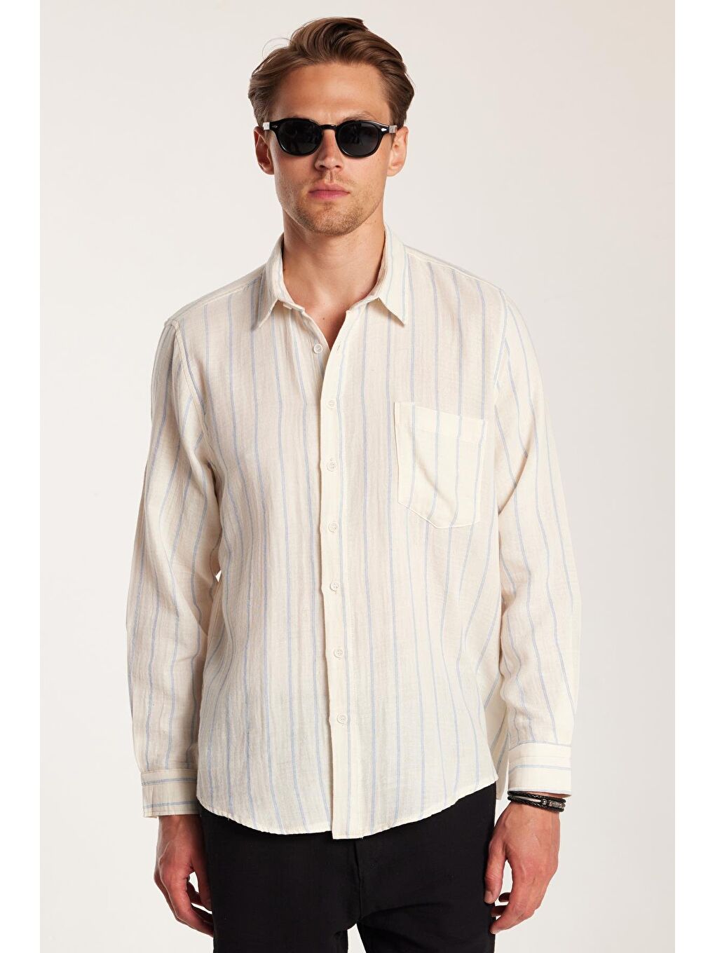 Karışık Regular Fit Keten Görünüm Pamuklu Çizgili Dökümlü Rahat Cepli Spor Gömlek-3