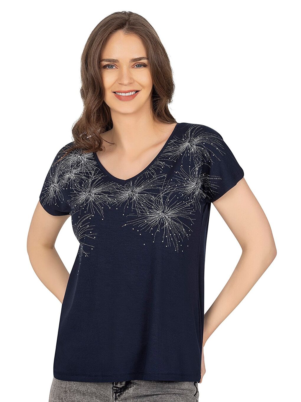 Kadın Işıltı Taş Detaylı Desenli Viskon Bluz | Lacivert  25501