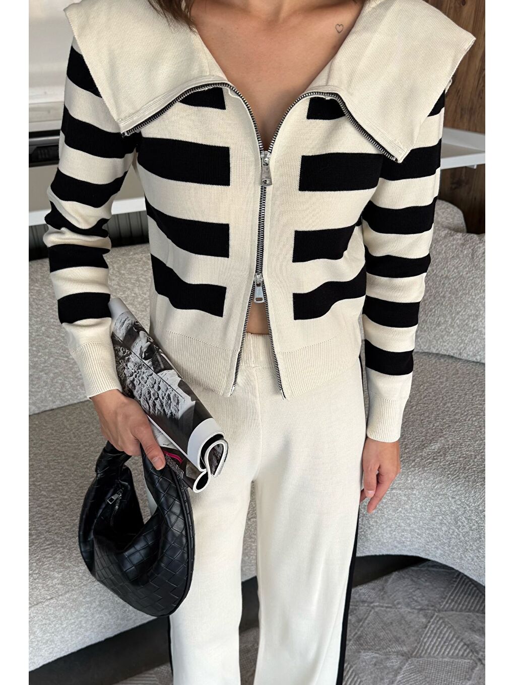 Ekru Kadın Şerit Desenli Triko Hırka Pantolon İkili Takım (s-m-l Beden Uyumludur.)-1