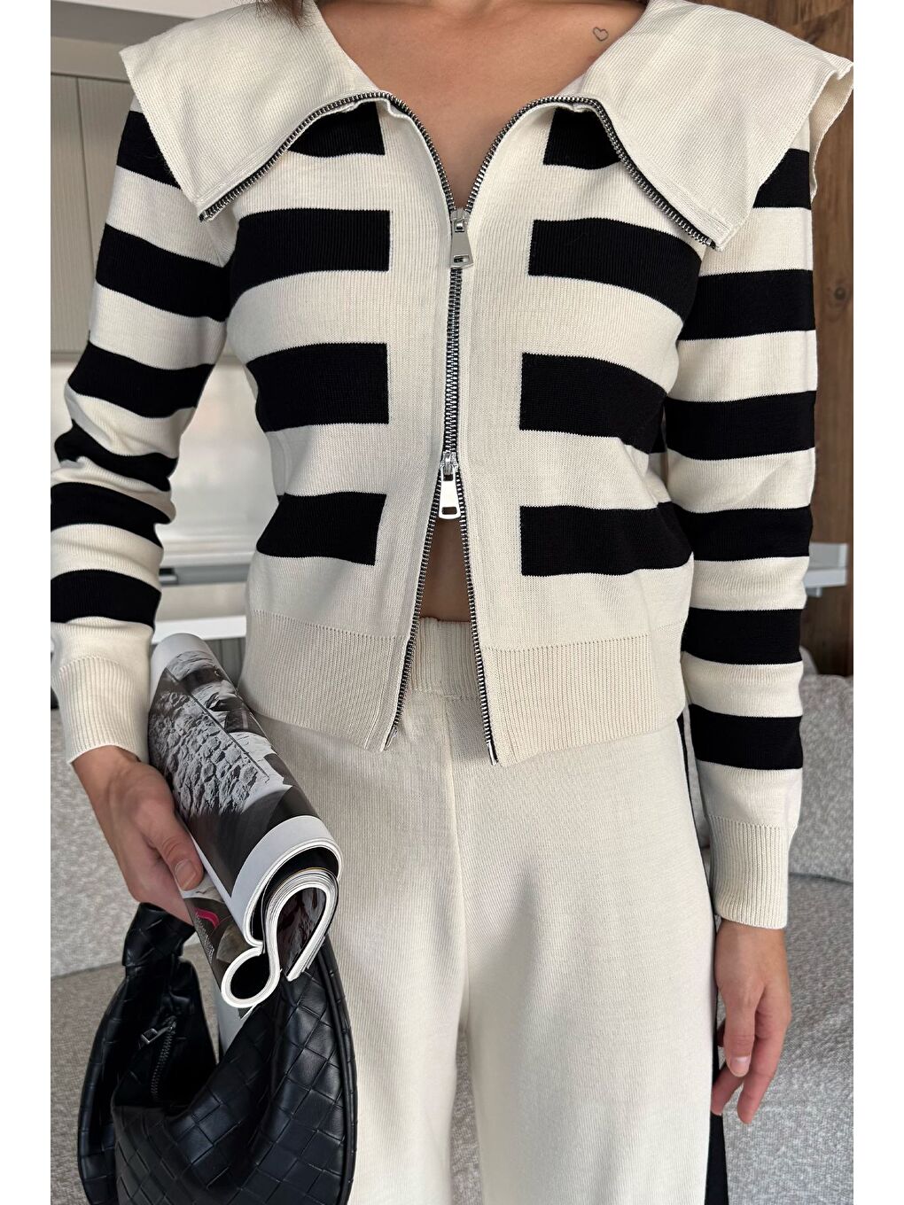 Ekru Kadın Şerit Desenli Triko Hırka Pantolon İkili Takım (s-m-l Beden Uyumludur.)-2