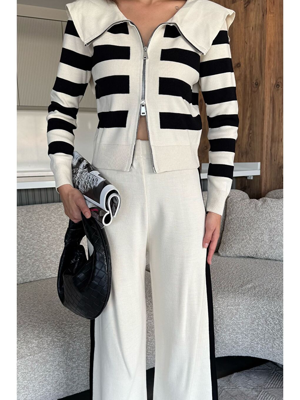 Ekru Kadın Şerit Desenli Triko Hırka Pantolon İkili Takım (s-m-l Beden Uyumludur.)-3