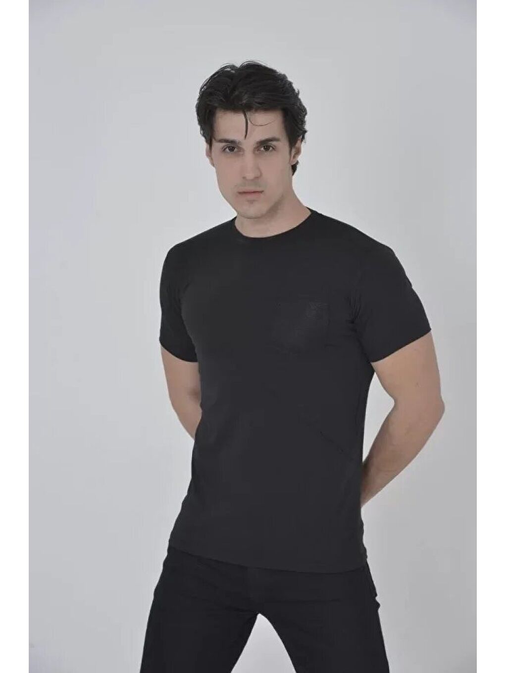 Erkek File Cepli Slim Fit T-shirt - Siyah-1
