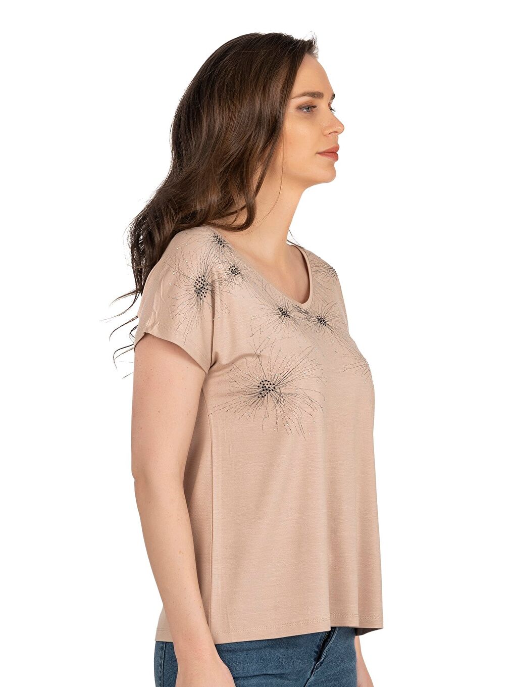 Bej Kadın Işıltı Taş Detaylı Desenli Viskon Bluz | Taş 25501-3