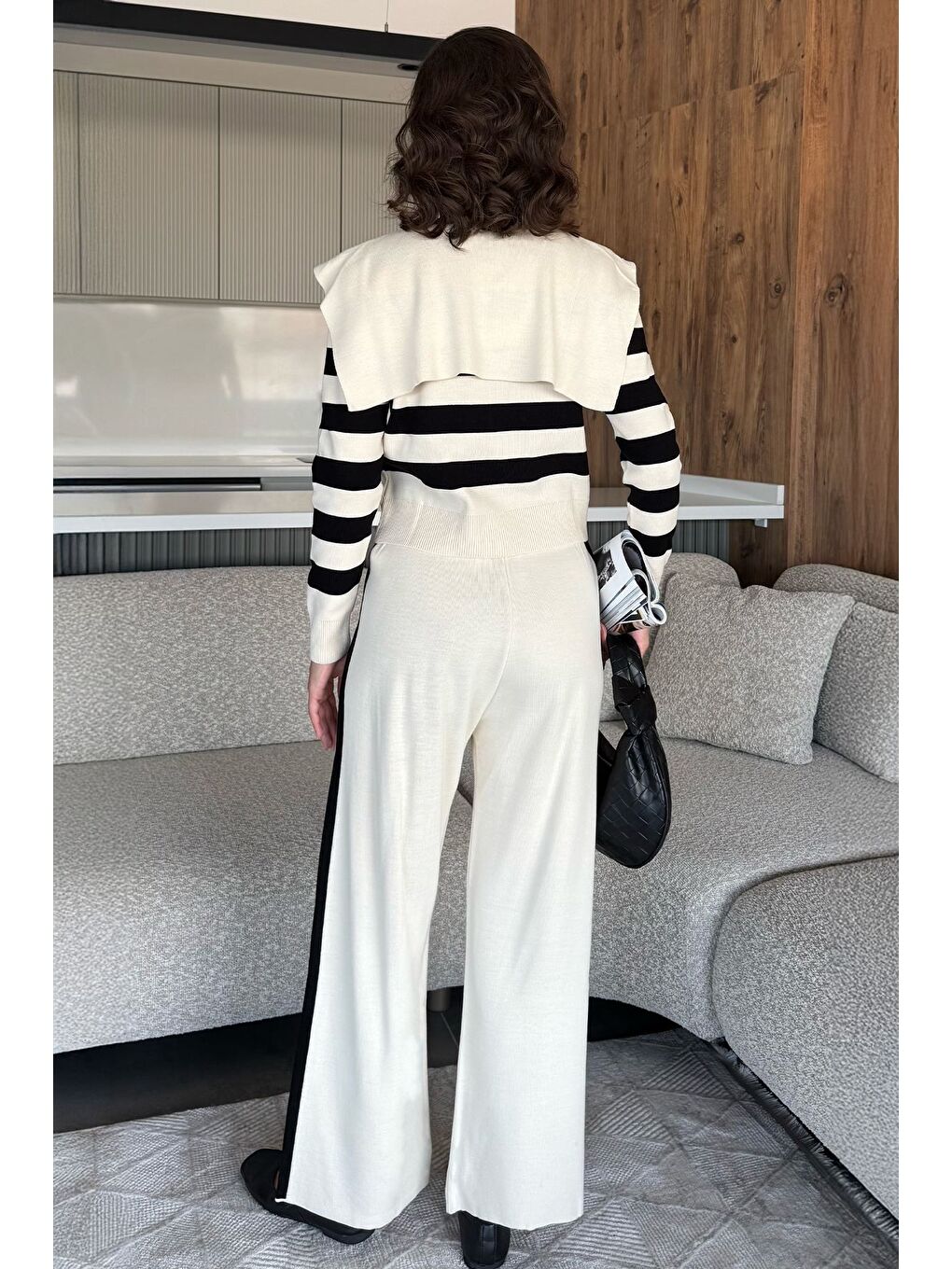Ekru Kadın Şerit Desenli Triko Hırka Pantolon İkili Takım (s-m-l Beden Uyumludur.)-4