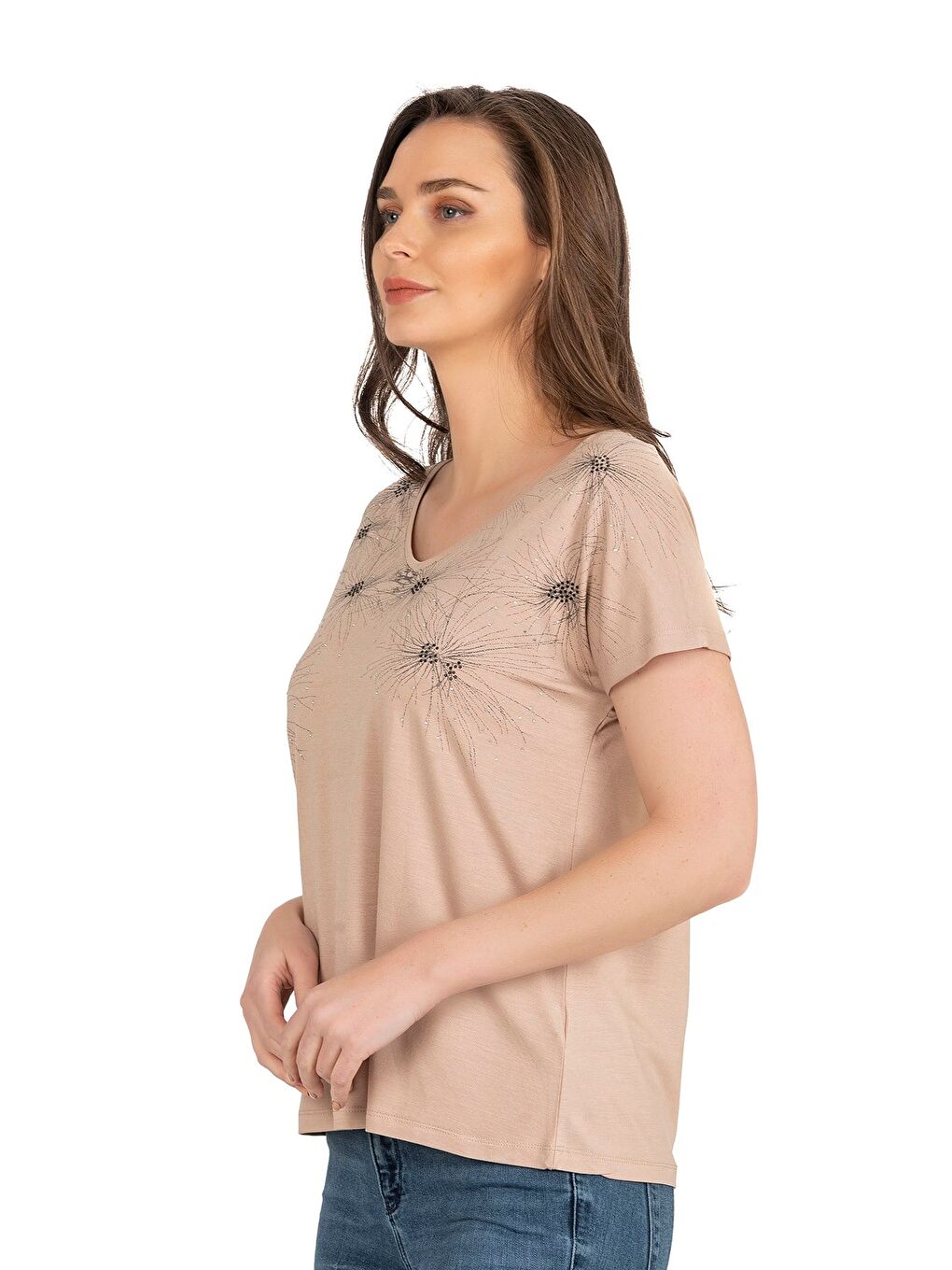 Bej Kadın Işıltı Taş Detaylı Desenli Viskon Bluz | Taş 25501-4