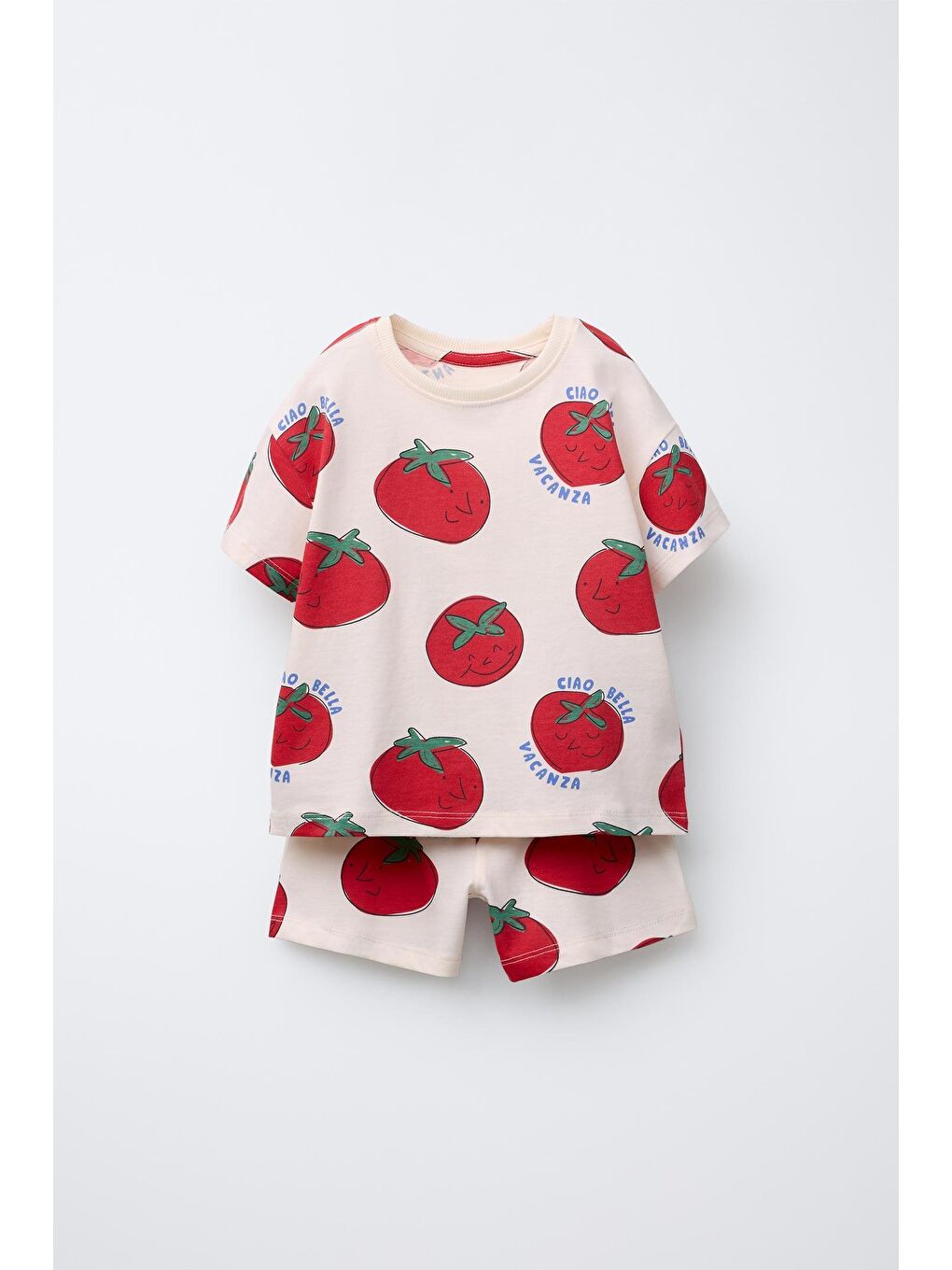 Karışık Unisex Çocuk Pamuklu Krem Domates Desenli T-Shirt Şort Takım