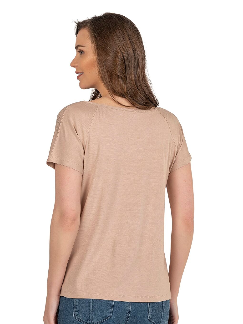 Bej Kadın Işıltı Taş Detaylı Desenli Viskon Bluz | Taş 25501-5