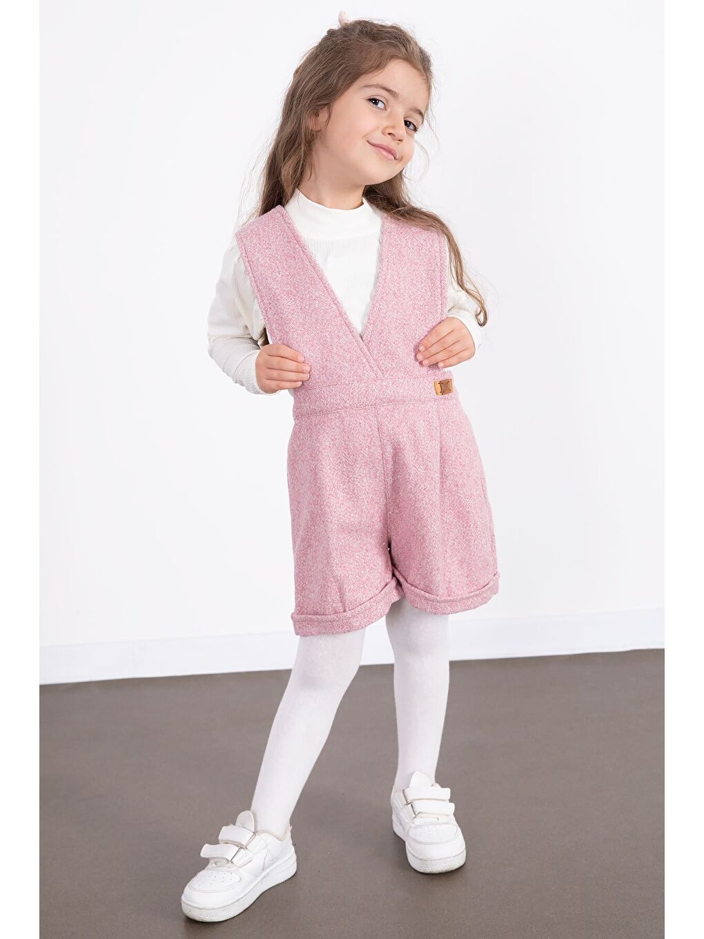 Pembe Kız Çocuk Melanj Krem Badili Salopet Takım 22692